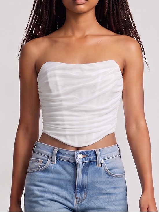 moalluom Tops - Chic White Ruched Women's Crop Top with corset boning structure